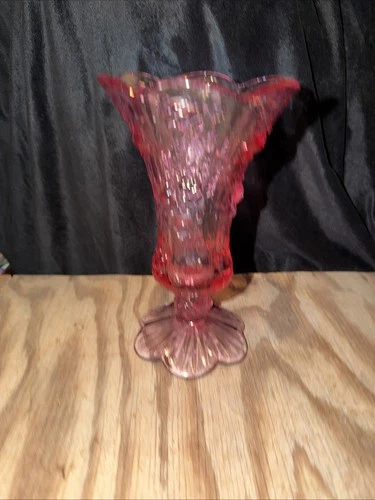 Vintage Fenton Cabbage Rose Footed Vase Pink Dusty Rose Art Glass 9" Scalloped