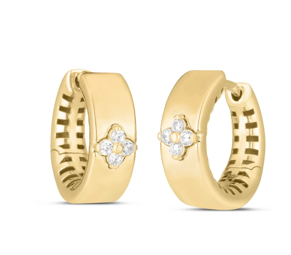 14k Yellow Gold .20ct Natural Diamond Clover Flower Hoop Earings with Snap Clasp