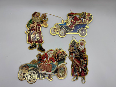 Ornaments Victorian Lot of 4 Double Sided Die cut Cars/Santas