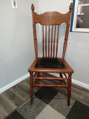Vintage Victorian Antique Press Back Black Embroidered Seat Chair