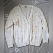 Vintage Cottagecore Pearl Off White Embellished Cable Cardigan