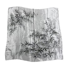 Women s Square Scarf Birds Bamboo Tree Leaves White Reversible Bird 31x31.5