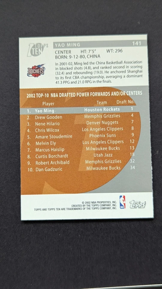 2002-03 Topps Ten #141 Yao Ming Rockets RC Rookie (A) - Image 2 of 2