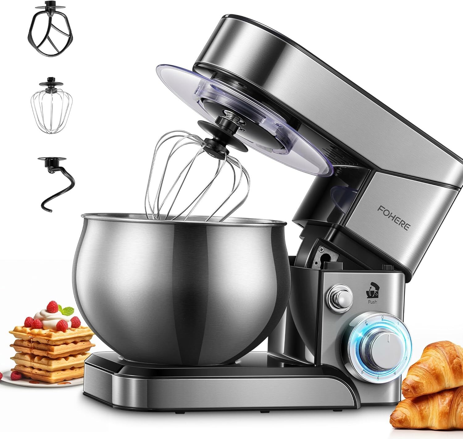 FOHERE 5.8QT Stand Mixer with Stainless Steel Bowl & Dough Hook-image