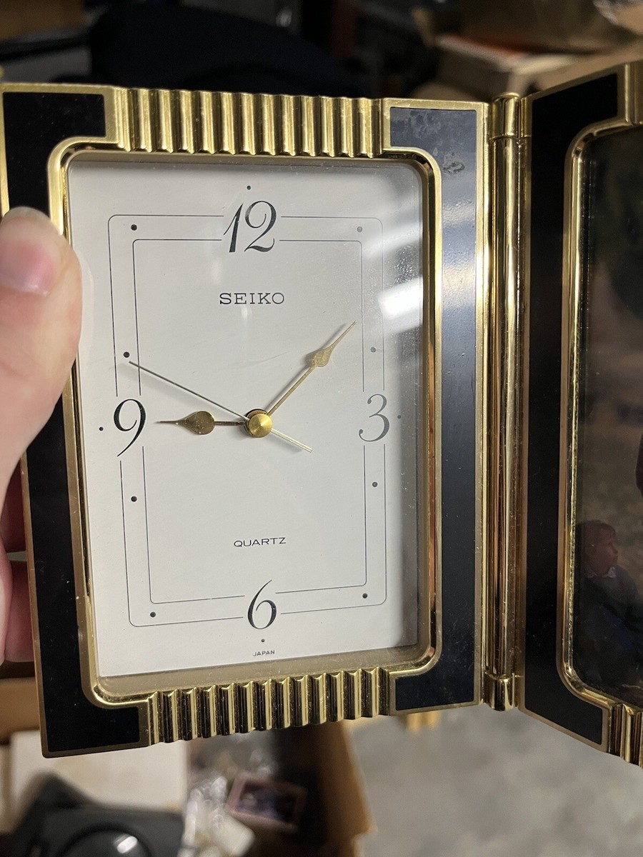 Seiko Quartz Gold Toned Desk table Clock Japan Picture Frame