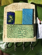 Handmade Ceramic Mosaic Keychain Holder, Green-Blue-Beige, Clay Wall Art, NEW