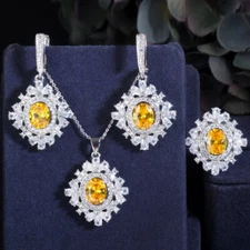 Yellow CZ Big Oval Flower Huggie Earring Necklace Ring Silver Plated Jewelry Set
