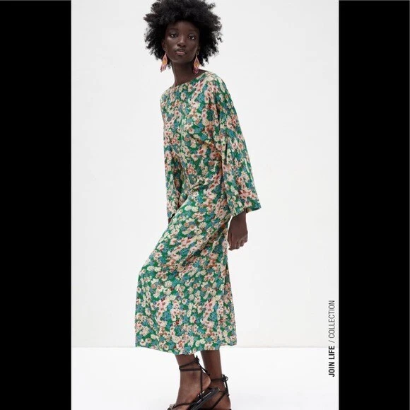 Green floral on sale midi dress zara