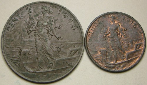 ITALY 1 Centesimo 1916 R & 2 Centesimi 1916 R - 2 Copper Coins - 760 *