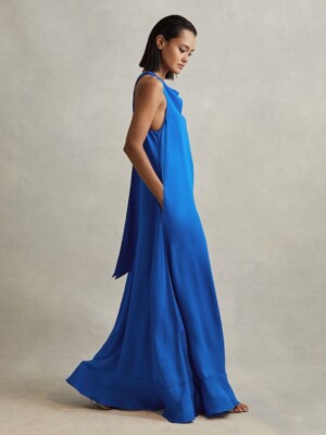 REISS Dina Tie Neck Column Maxi Dress in Cobalt Blue UK