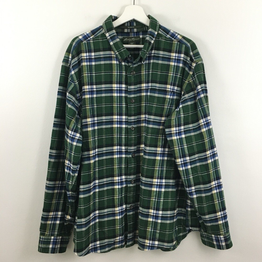 Eddie Bauer Men's Green Multicolor Flannel Long Sleeve Button Down Shirt Size XL