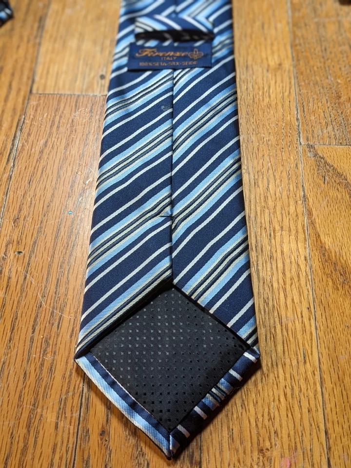 Firenze Mens 100% Silk Woven Designer Neck Tie Blue Diagonal Stripe  - Image 2 of 4