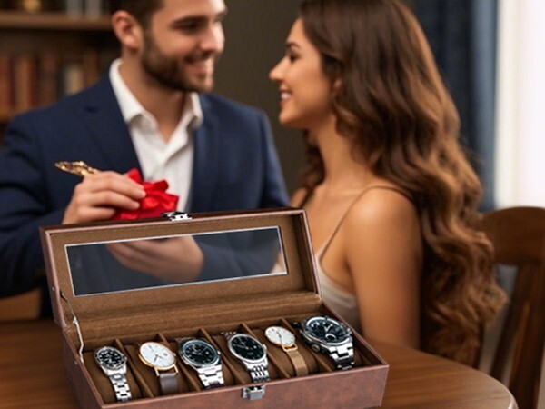 6-Slot Leather Watch Case with Large Glass Lid Watch Box Organizer Brown