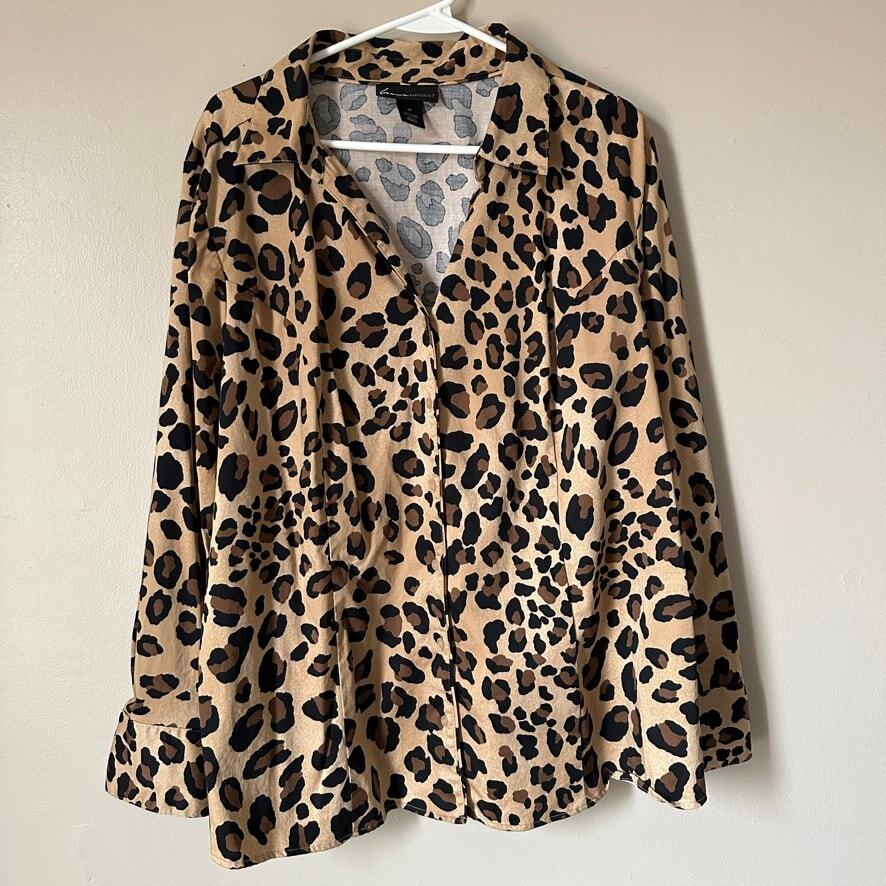Lane Bryant Leopard Print Shirt Womens 26 Button Front Long Sleeve Preppy Boho