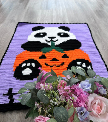 Halloween Panda & Pumpkin Crochet Blanket, 30'' x 37'',  Baby Gift, Home Decor
