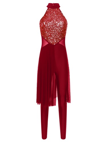 Women's Latin Jazz Dance Costume Sparkly Skirted Jumpsuit Figure Skating Outfit - Picture 43 of 51