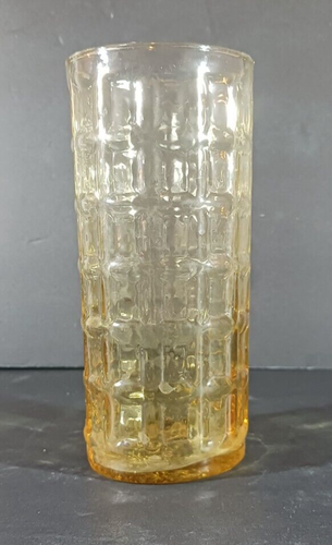 Vintage YELLOW Amber GLASS WAFFLE BLOCK Pattern Water Ice Tea MCM 6" - Picture 6 of 15