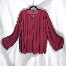 Adiva Blouse Woman Plus Size 2X Pleated Burgundy Lined Split Neck Long Sleeves