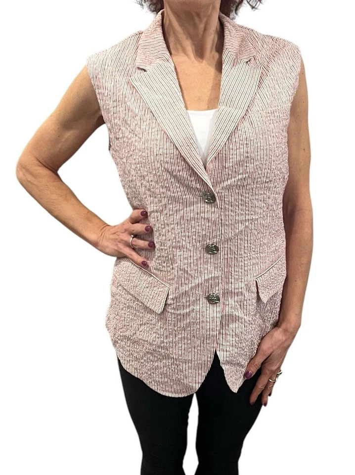 Chaleco Chaqueta Sin Mangas SONIA RYKIEL Para Mujer Rosa Azul Rayas Seersucker Talla 44 Foto 4 de 4