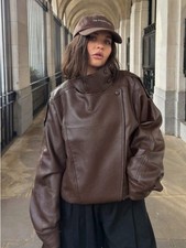 Women's Loose Oversized Leather Jacket, High-End Outerwear Brown Size UK 12/14