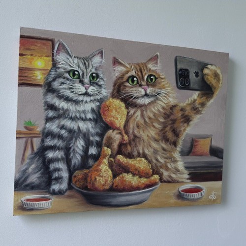 Ukrainian Artist Oil Painting Cat Couple Selfie Humor Wall Art Home Decor Gift - Picture 7 of 24