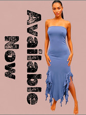 Women's Blue Solid Strapless Bodycon Midi Dress Ruffle Hem Side Slit Stretch