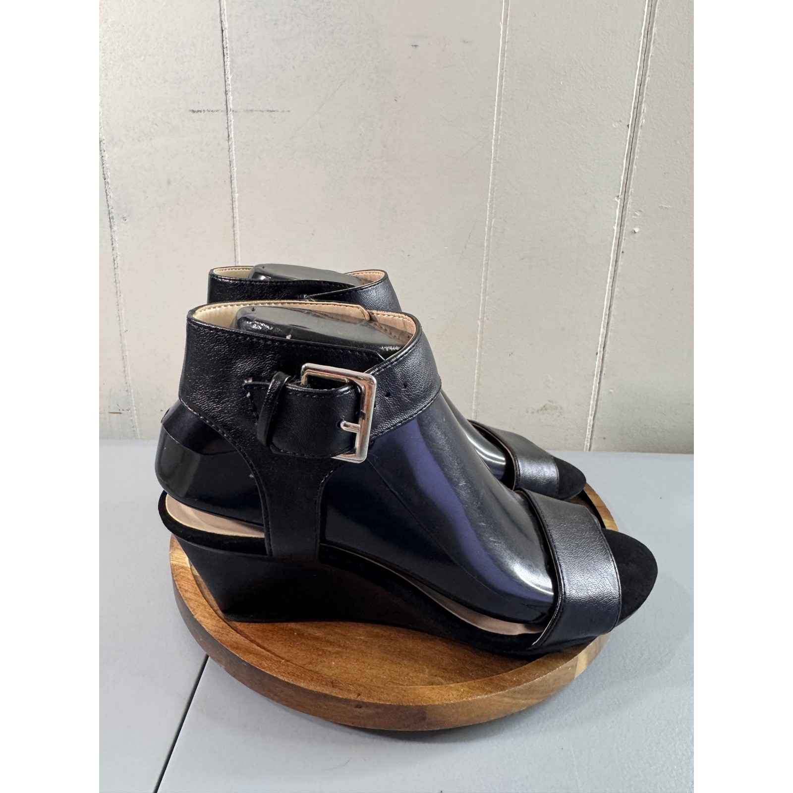 Nine West Pepperman Wedge Sandals Women 7M Black Buckle Ankle Strap NW7PEPPERMAN