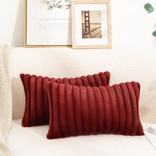 Set of 2 Faux Fur Plush Christmas Red Decorative Throw Pillow Covers Fuzzy St...
