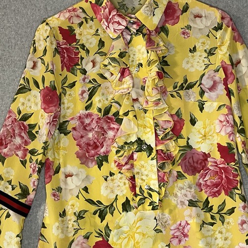 Flavio Castellani Silk Dress US 8 / IT 44 Yellow Floral Ruffle Long Sleeve Rare - Picture 4 of 15