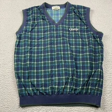 VTG Izod Golf Vest Men's Medium Green Blue Plaid 100% Nylon