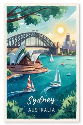 Vibrant Sydney Australia Travel Poster - Iconic Harbour Bridge and Opera House A