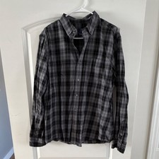 George Plaid Button-Up Shirt Black Gray Men's L Long Sleeve Classic Fit