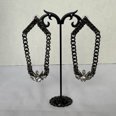 Fallon Earrings Designer Drop Chains Crystals Gunmetal Color Edgy Signed VTG NEW
