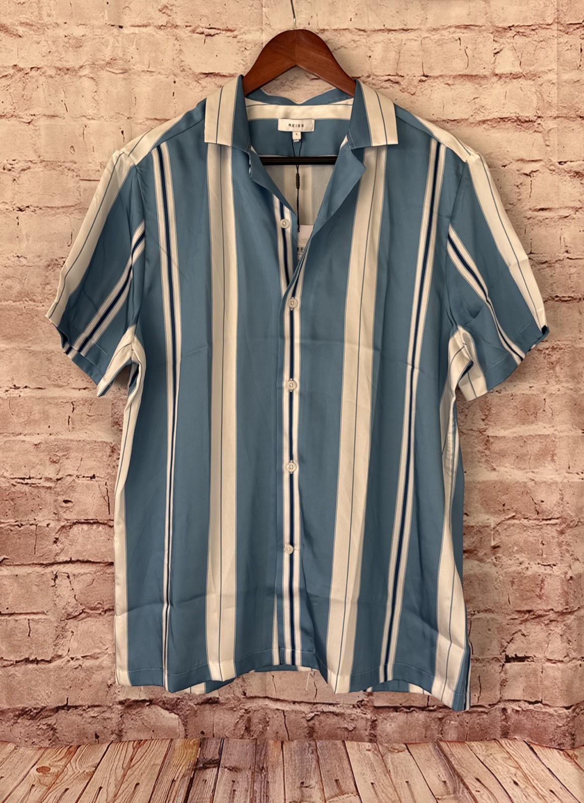 NWT Reiss Monroe Striped Cuban Collar Shirt - White / Blue - Large image 3