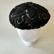 Vintage 1950  s Faux Fur And Sequined Beret Hat By Nancy;Iridescent Floral Design