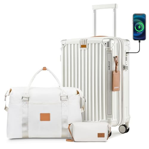 20in White Carry On Luggage with USB Port and Cup Holder