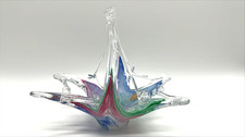 Vintage Murano Art Glass Basket Bowl Crystal Clear Italy Blue Green Pink