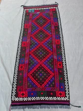 2x6 Bold Vintage Afghan Kilim Rug – Tribal Diamond Weave in Red Green Blue Black