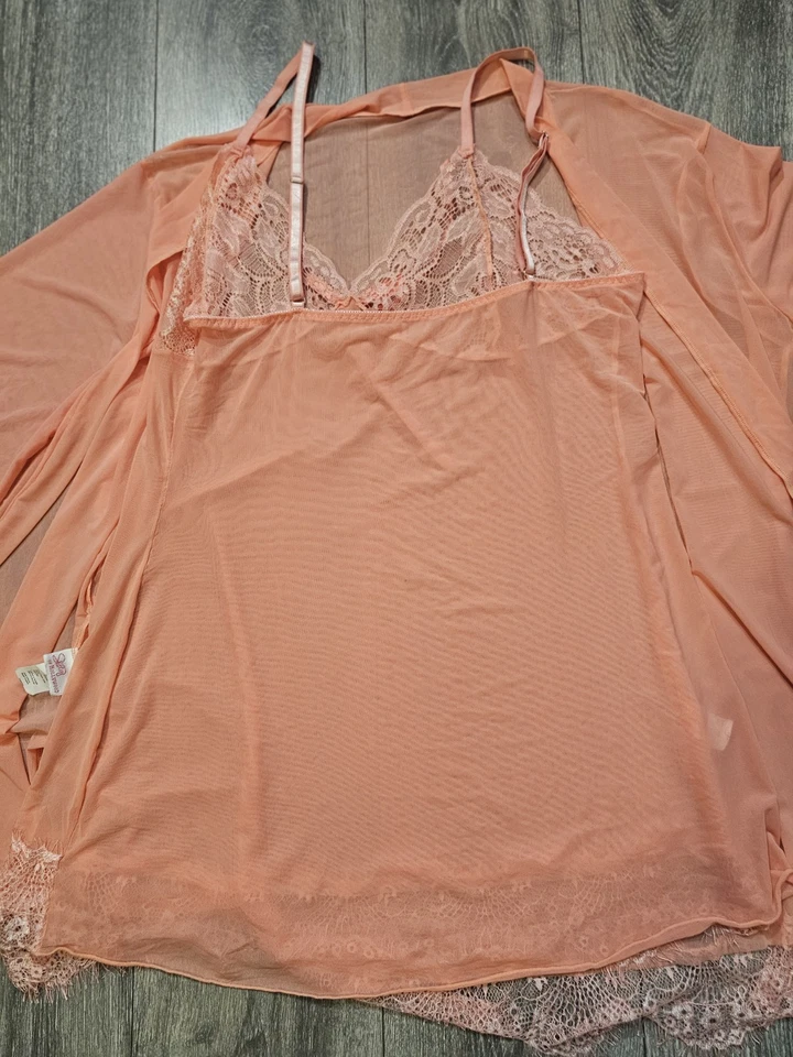 Vintage Shirley Of Hollywood Sheer Lace Slip Dress Nightgown Robe Set Peach 2XL - Image 3 of 4