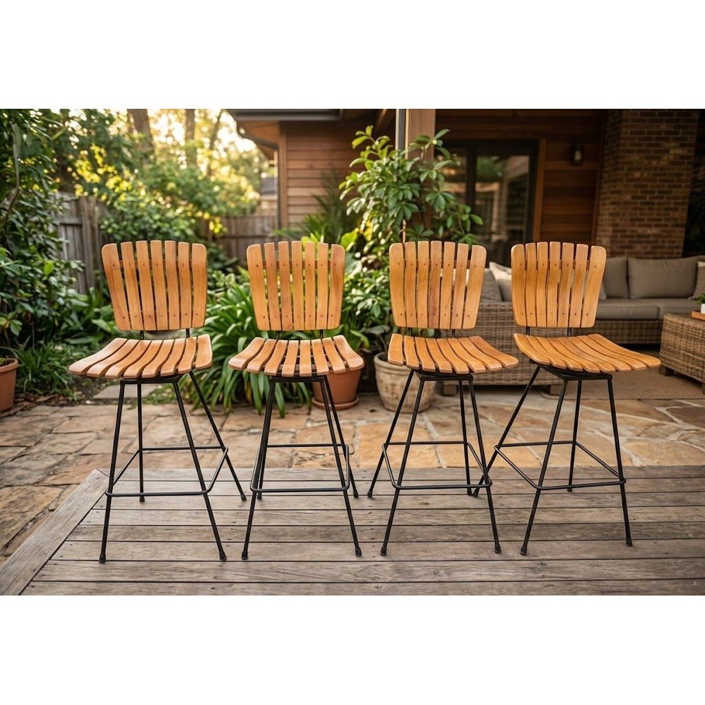 Vintage MCM Wood Slat Swivel Bar Stools Arthur Umanoff Style Set of 4