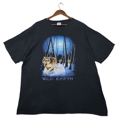 Vintage 90s Wild Earth Wolf Pack Moon Human-i-Tees Black T-Shirt Mens XXL USA