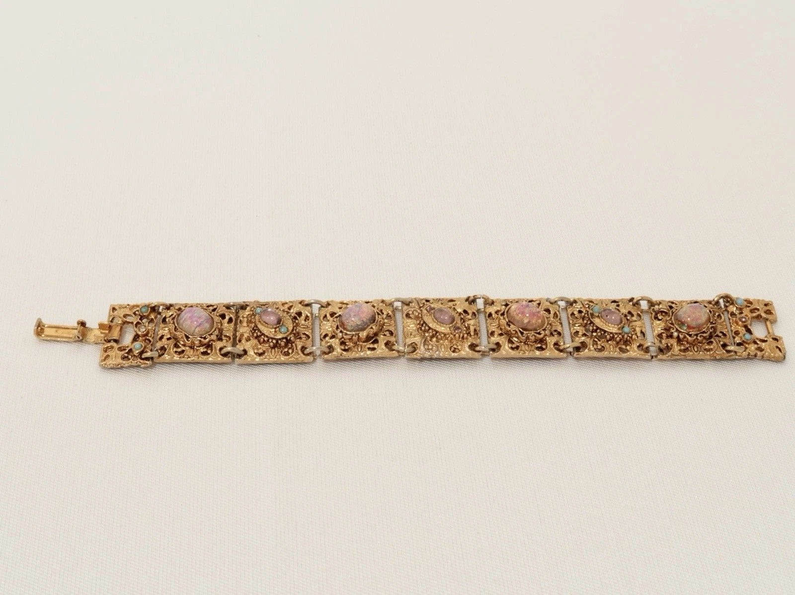 Faux Opal Cabochon Textured Panel Pink Hue Vintage Bracelet Jewelry Br29