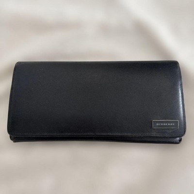 Burberry Long Wallet Black Leather Nova Check Inside Bifold Unisex
