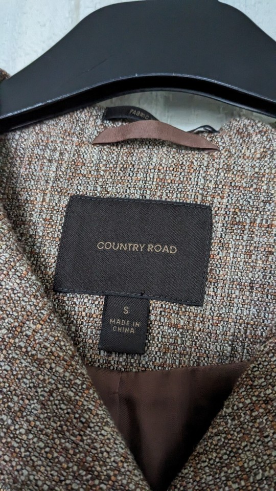 Sz S Country Road Australia Brown Lined Tweed 3/4 Sleeve Blazer Jacket