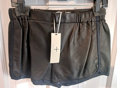 NWT Thakoon Addition Black Leather Track Shorts with Navy Trim, Sz 4