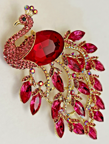 Large Red Pink Peacock Bird Glass Rhinestone Brooch Pin Vintage Acrylic 4 Inches - Picture 1 of 12