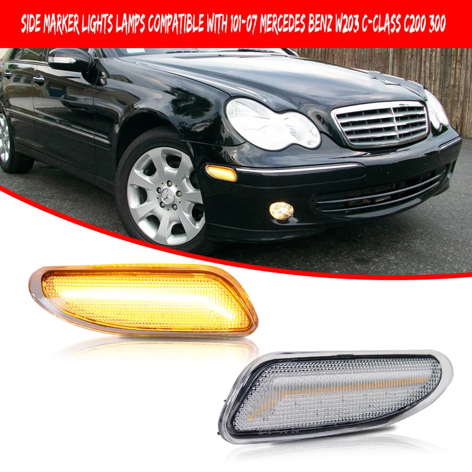 Luz indicadora lateral LED âmbar transparente para 01-07 Mercedes Benz W203 Classe C C200 300 - Imagem 2 de 4