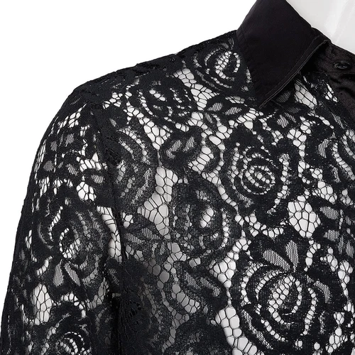 T-shirt maglietta uomo maglia pizzo trasparente floreale trasparente con bottoni nuova moda - Foto 10 di 14