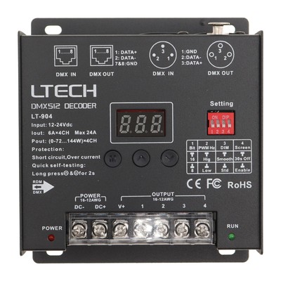 LTECH LT-904 LED DMX512 DECODER, 4-CHANNEL, 24A, LED DISPLAY, 12-24VDC