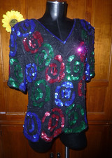Vtg 80s SEQUIN Beads Embroidered SILK Floral Evening Party Top Blouse XL